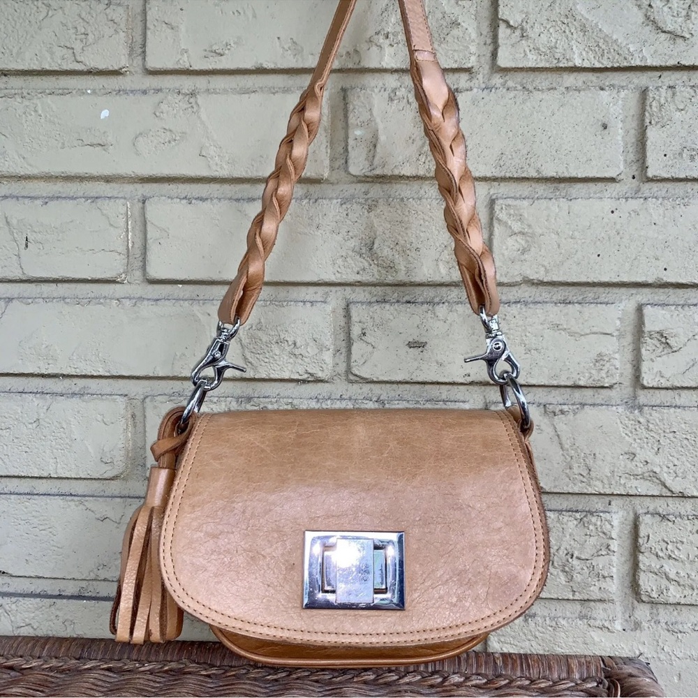 Susan Farber Collections Brown Leather Braided Tassel Crossbody Turn-lock Bag